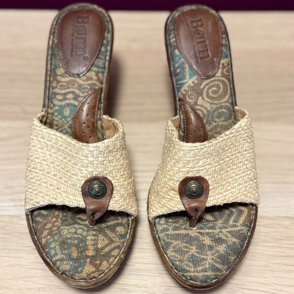 Born Raffia + Leather Boho Slip-On Sandals – Natural 8 - Picture 1 of 6